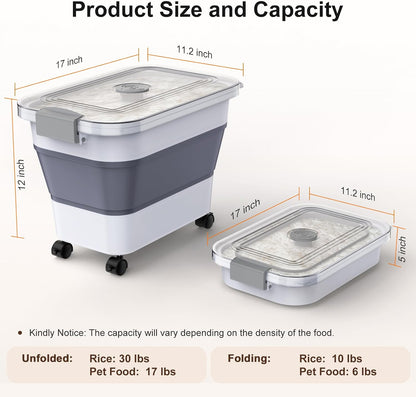 Komzon Rice Storage Container, Collapsible Airtight 10-40 Lb Rice Storage Container, 25lb Pet Dog Food Storage Container, Rice Dispenser Bin with Cup and Scoop for Flour Cereal Pasta Grain, Cat Bird