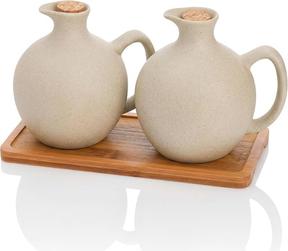 Elsjoy Set of 2 Ceramic Oil Vinegar Dispenser with Cork and Tray, 15 Oz Tabletop Oil Bottles Soy Sauce Jar, Decorative Olive Oil Stoneware Holder Vinegar Container for Kitchen
