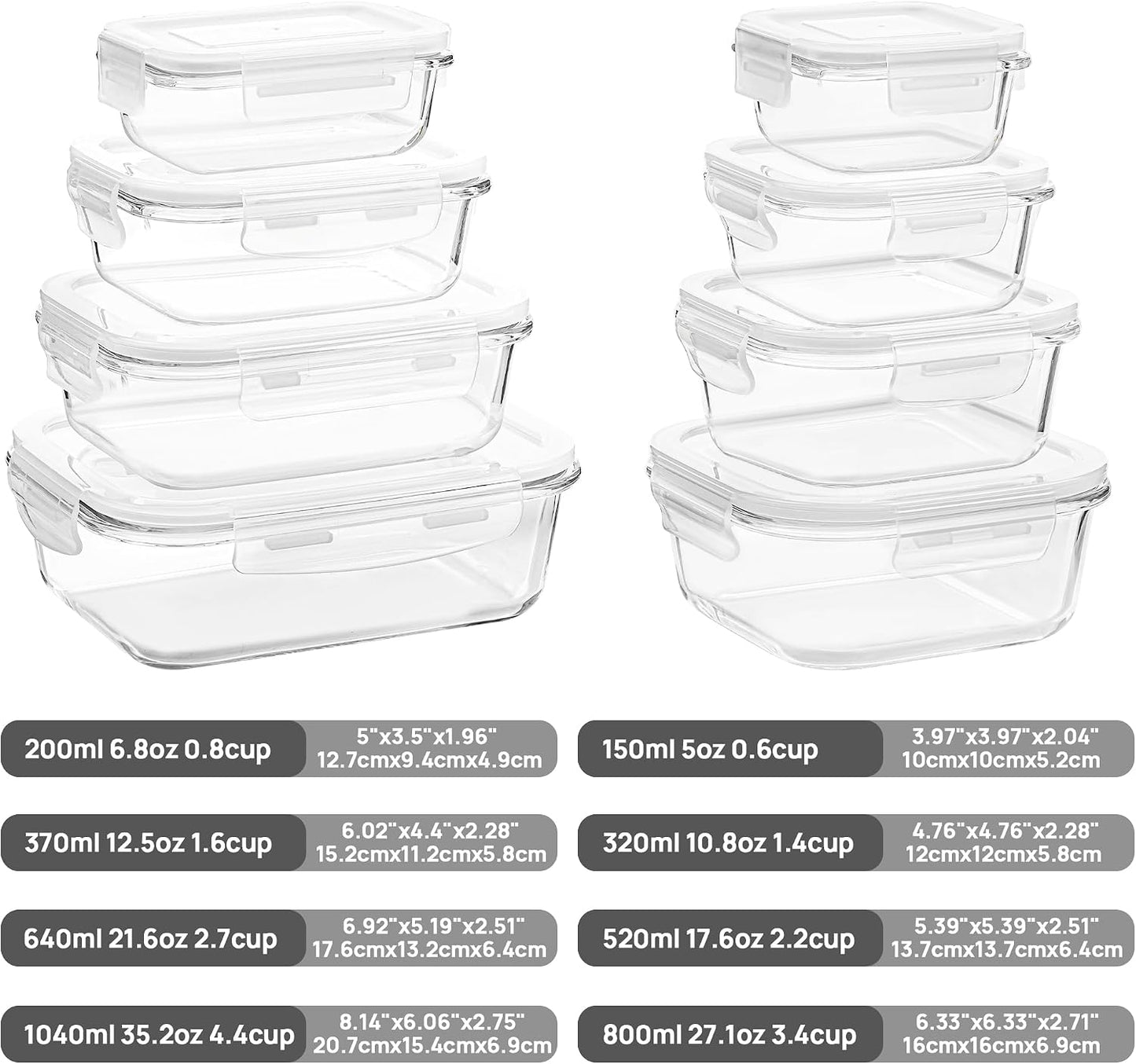 Vtopmart 8 Pack Glass Food Storage Containers with Airtight Lids, Glass Meal Prep Containers, Lunch Office Meal for Microwave, Oven, Freezer and Dishwasher, BPA Free