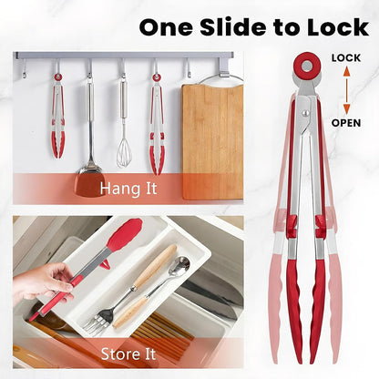 Kitchen Tongs Set of 2 (9” & 12”) – Stainless Steel & Silicone Cooking Tongs with Built-in Stand & Dishwasher Safe – Heat Resistant up to 600°F – Perfect for Grilling, BBQ, Salad & Frying