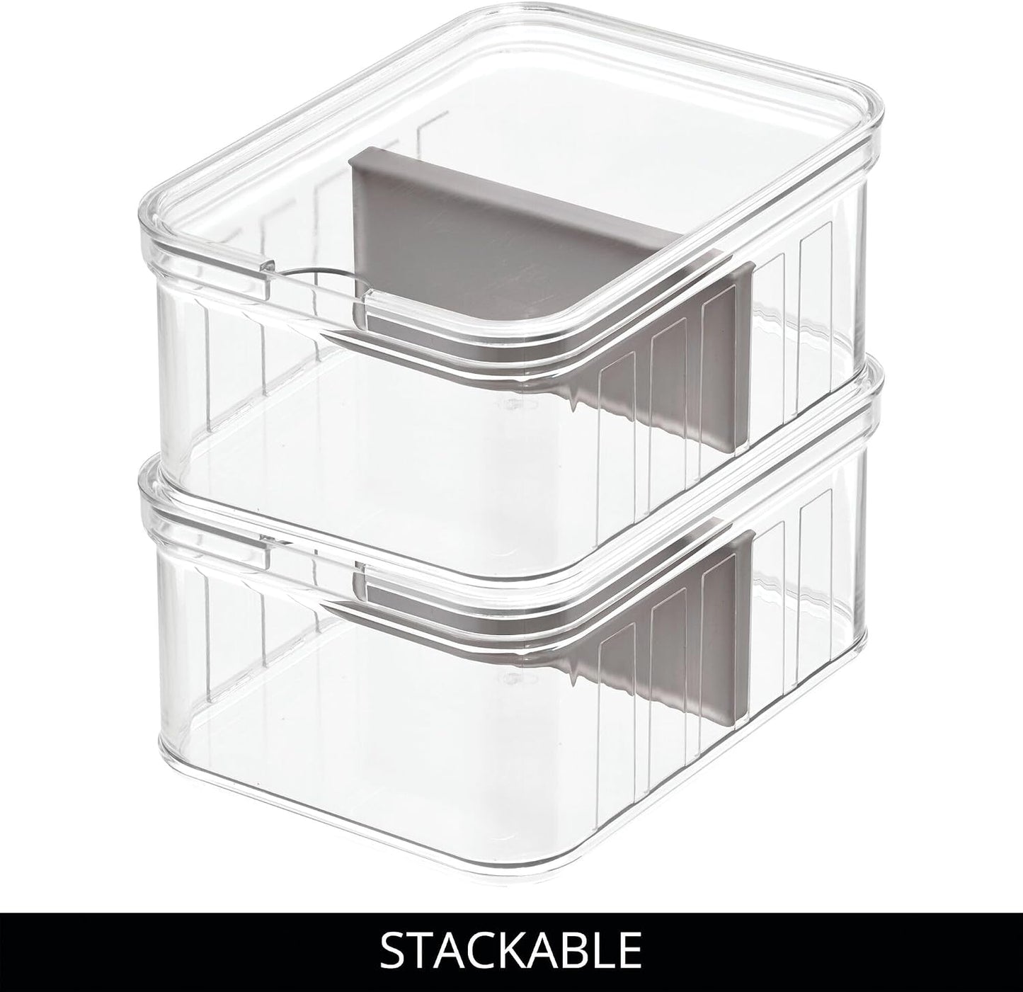 iDesign Small Fridge Organizer Bin with Removable Divider and Lid - Set of 6 - Clear/Gray