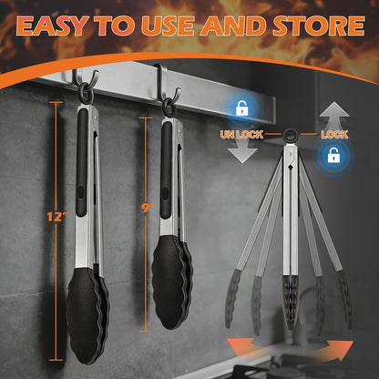 TACGEA Stainless Steel Kitchen Tongs with Silicone Tips, Locking Grilling Food Tongs, 7" 9" and 12", Set of 3 Black