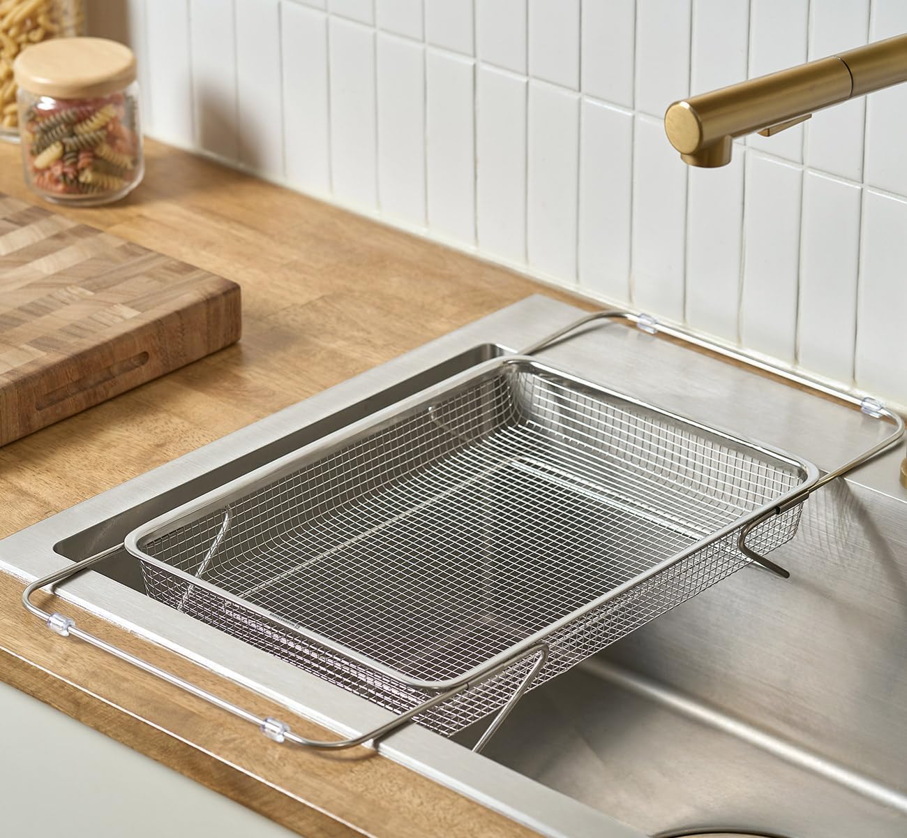 WAGENSTEIGER Extendable Dish Rack with Feet, Vegetable Colander Basket, Stainless Steel Dish or Silverware Drying Rack, Ultimate Kitchen Organizer Over the Sink (11.81 x 8.27 x 2.76 Inches)