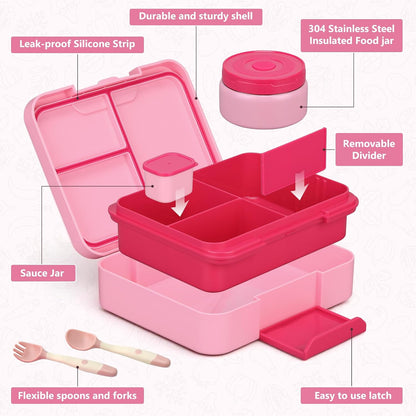 Bento Box Set with 9.5oz Soup Thermo Kids Leak-proof Lunch Box Container with 4 Compartment Stainless Steel Insulated Hot Food Jar with Bag for School Travel - Pink