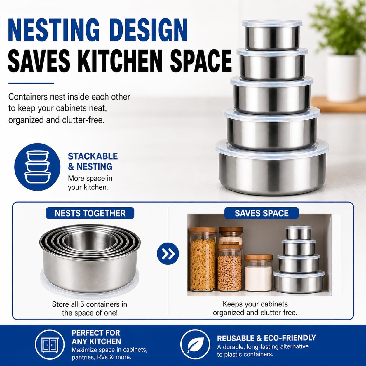 HANDIT 5-Piece Stainless Steel Food Storage Containers with Lids, Nesting Metal Bowls Set, Lightweight, BPA-Free Lids, Meal Prep & Leftovers, Freezer & Dishwasher Safe (8oz, 12oz, 16oz, 18oz, 32oz)