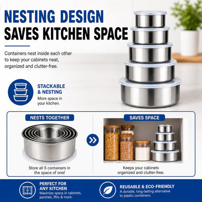 HANDIT 5-Piece Stainless Steel Food Storage Containers with Lids, Nesting Metal Bowls Set, Lightweight, BPA-Free Lids, Meal Prep & Leftovers, Freezer & Dishwasher Safe (8oz, 12oz, 16oz, 18oz, 32oz)