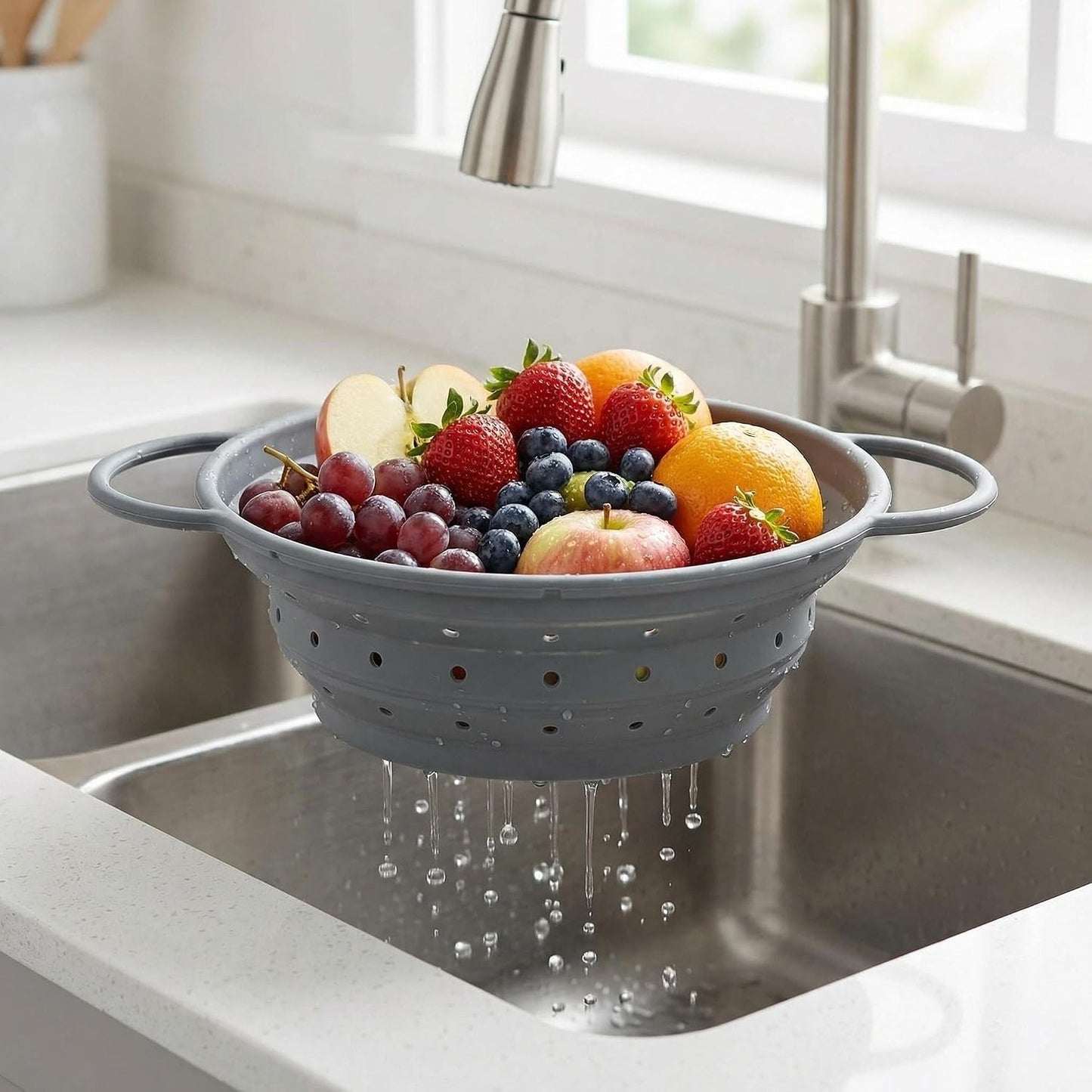 Collapsible Silicone Colander with Handles, Round Strainer with Stainless Steel Rim, Space Saving Kitchen Tool for Fruits & Vegetables,BPA-Free,Heat-Resistant Pasta Drainer(White, L)