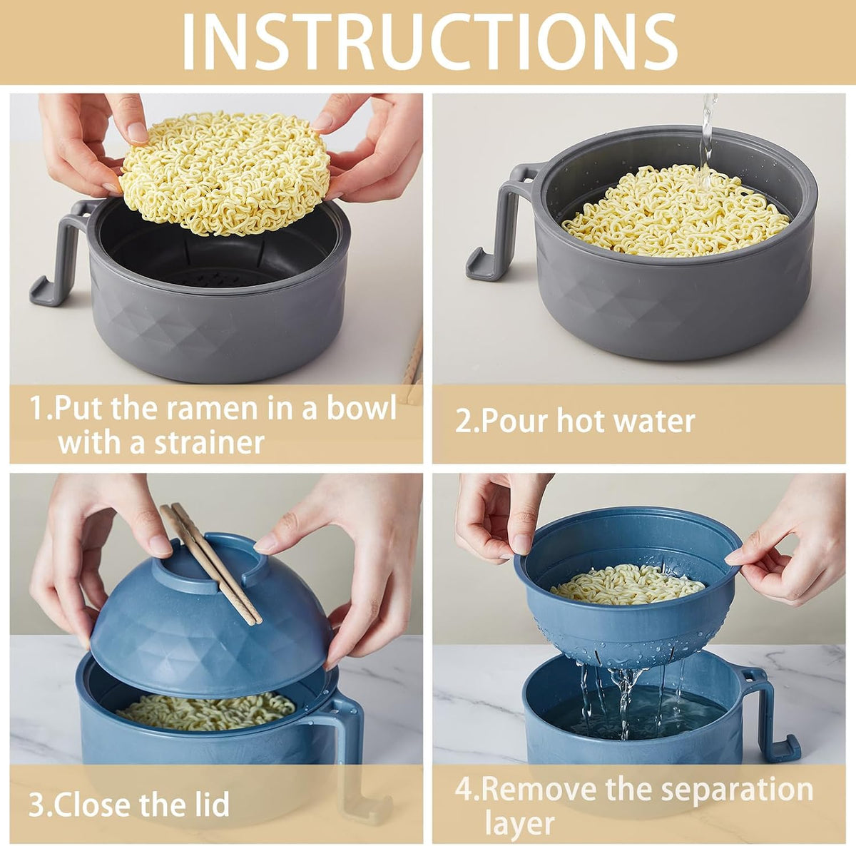2 Sets 40 oz Microwave Ramen Bowl with Handles, Yellow,Orange