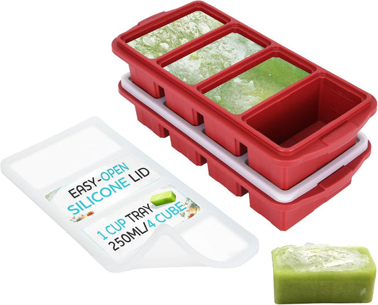 XOMOO Silicone Freezer Tray With Lid-Soup Freezer Container molds-2-cup Extra Large Ice Cube Tray-makes 4 perfect 500ml portions cubes, For freezing soup,stews,sauces.Oven&Dishwasher-Safe(2-Pack)