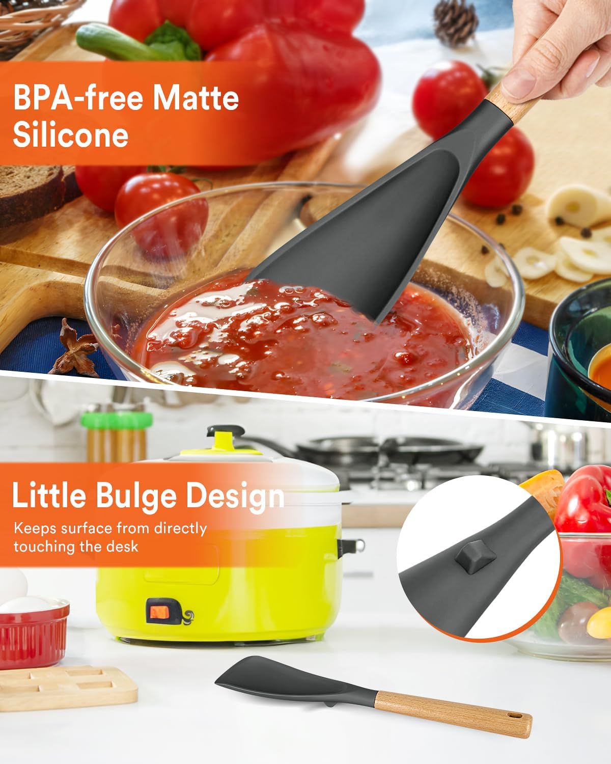 Cooking Spoon for Nonstick Cookwares, Great for Cooking and Serving Sturdy BPA-Free Matte Silicone, Wood Handle Spoon for Mixing, Scoop, and Scrape (Black & Grey, 11.4 inch)