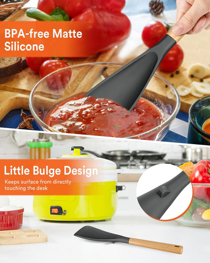 Cooking Spoon for Nonstick Cookwares, Great for Cooking and Serving Sturdy BPA-Free Matte Silicone, Wood Handle Spoon for Mixing, Scoop, and Scrape (Black & Grey, 11.4 inch)
