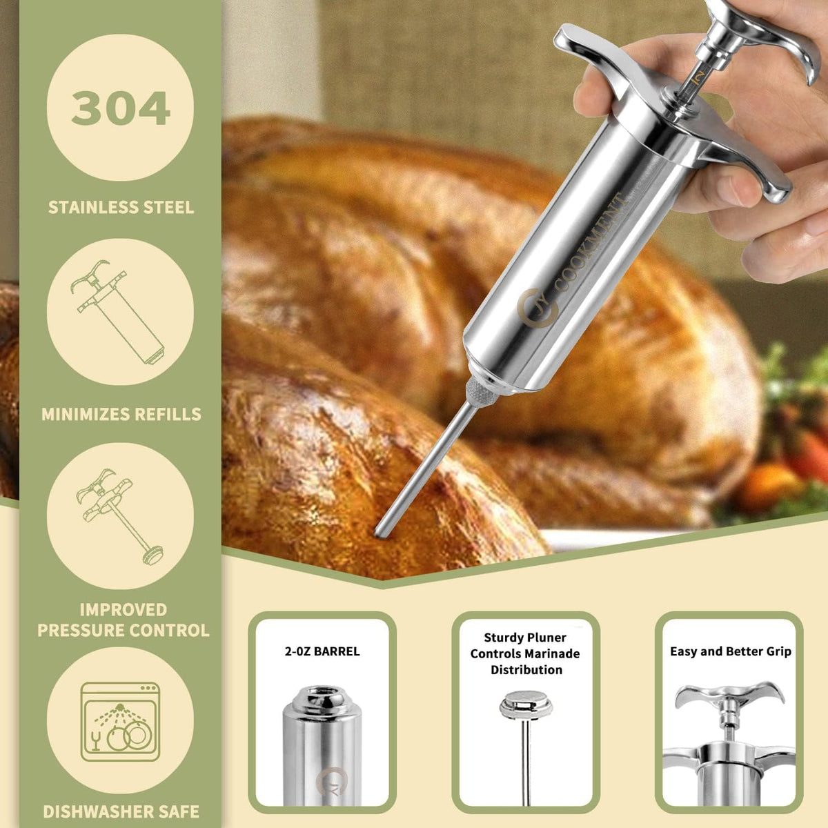 Meat Injector Syringe 2-oz Marinade Flavor Barrel 304 Stainless Steel