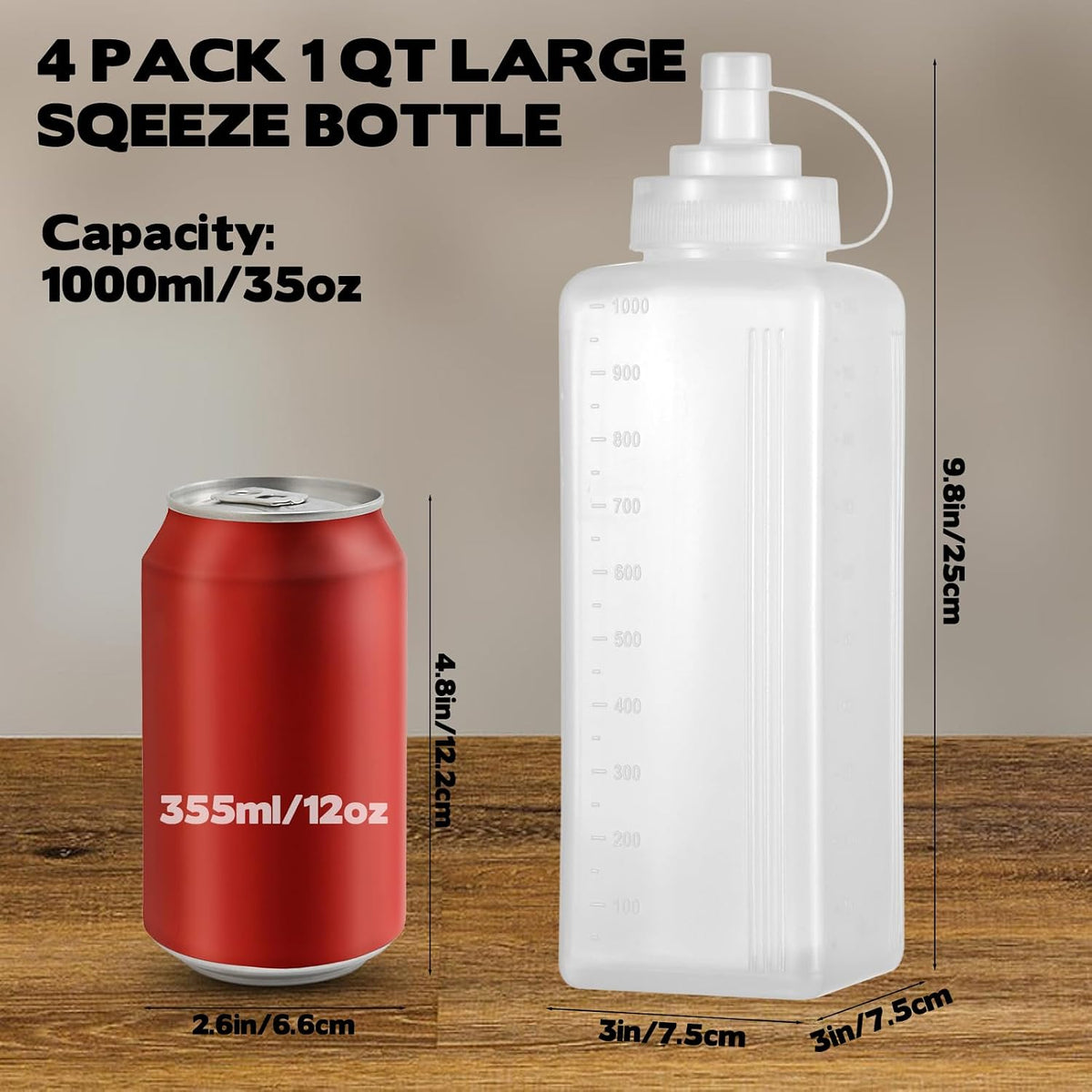 4 Pack 1 QT Large Condiment Squeeze Bottle for Sauses, 34oz Wide Mouth Liquids Dispenser Bottles with Lid, For Ketchup, Taco, Marinara, Pasta, BBQ, Spaghetti, Tomato Sauce, Restaurant-Grade Design