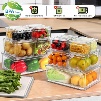 14 Pack Fridge Organizer, Stackable Refrigerator Organizer Bins with Lids PBA-Free, Clear Fridge Organizers and Storage for Kitchen, Countertops, Cabinets, Fridge, Drinks, Fruits, Vegetable, Cereals