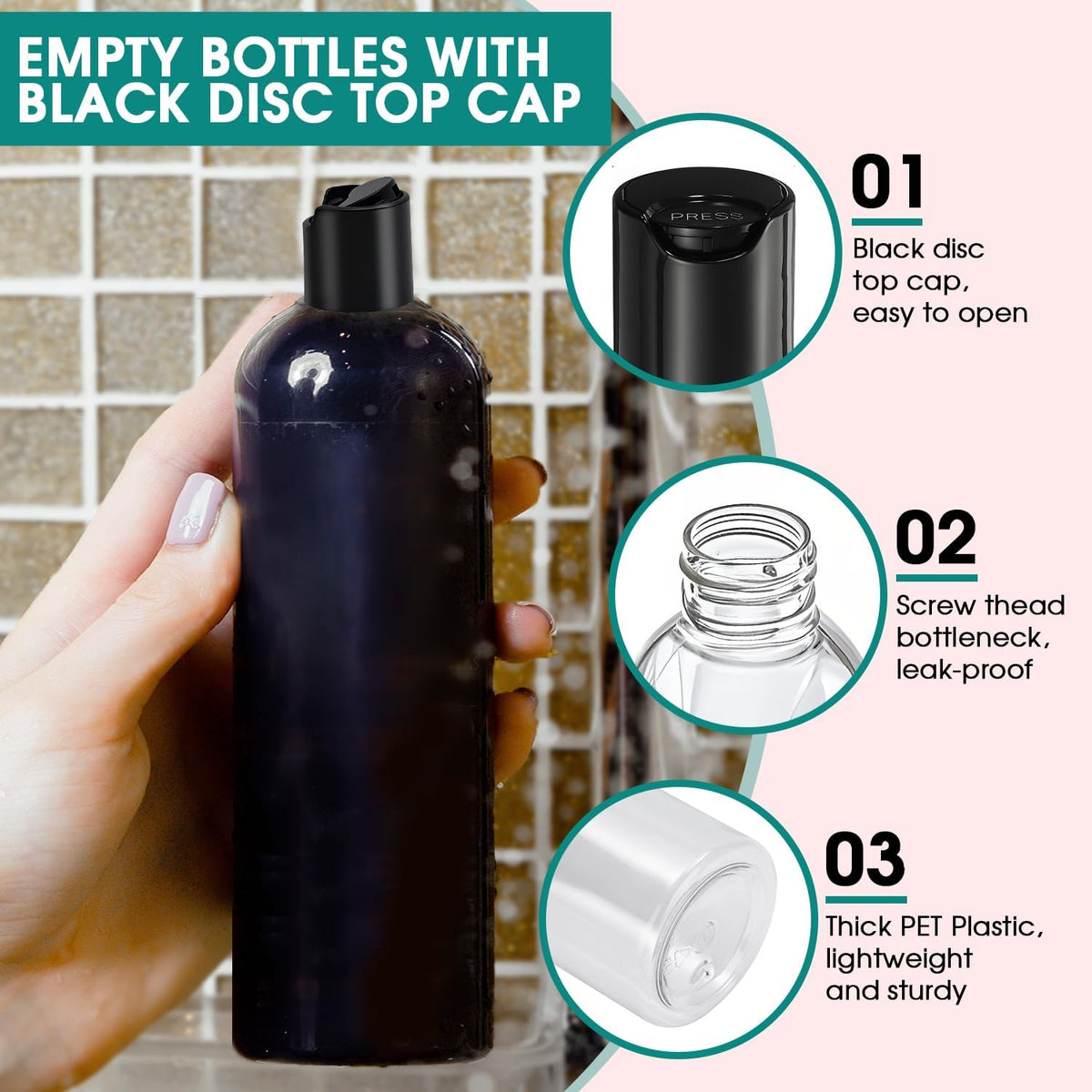 3Pcs 16 oz Clear Plastic Refillable Travel Bottles with Black Disc Top Caps