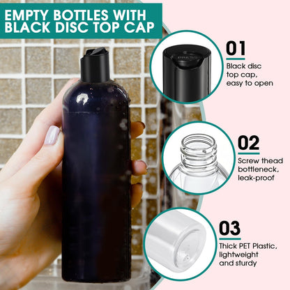 3Pcs 16 oz Clear Plastic Refillable Travel Bottles with Black Disc Top Caps