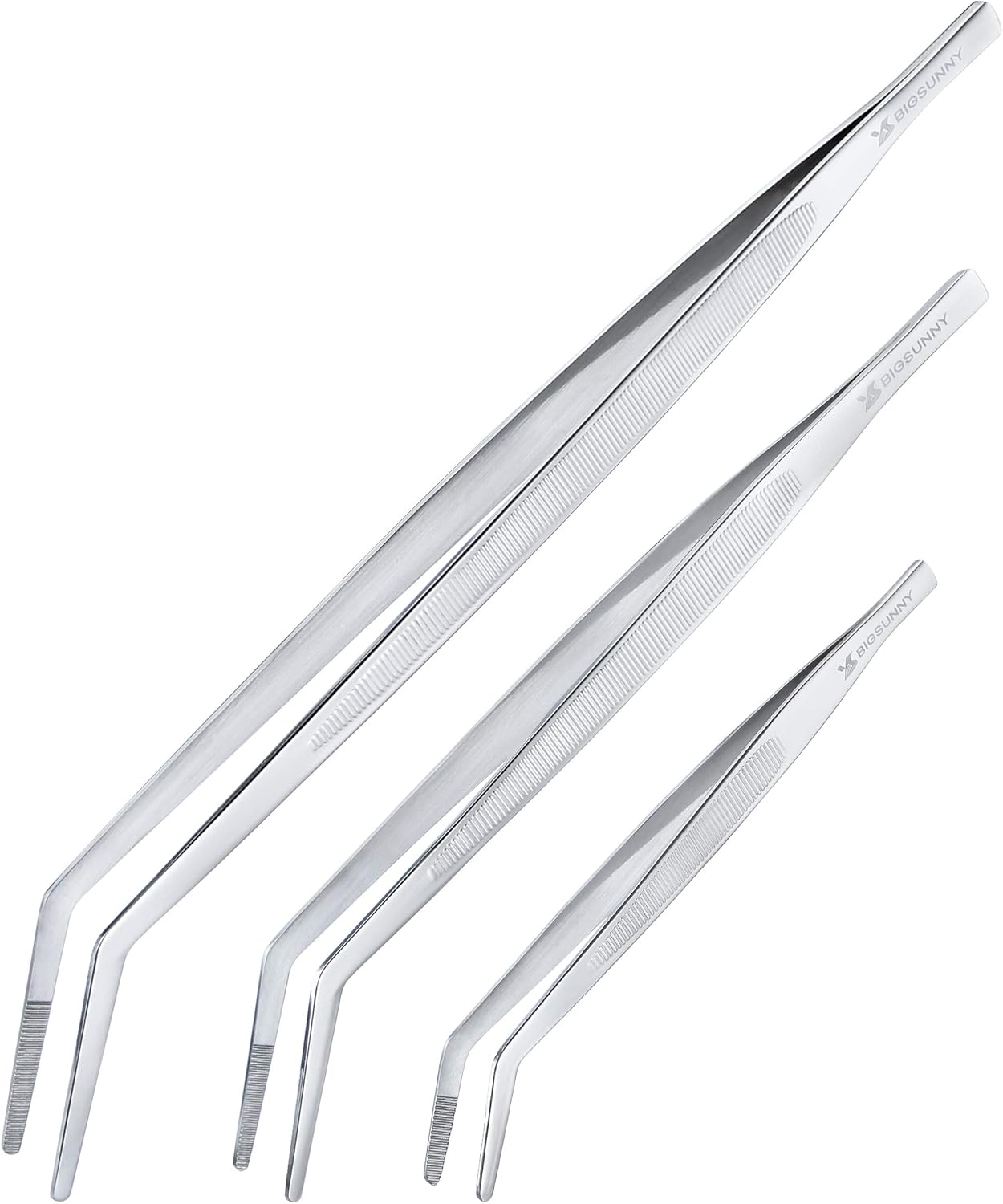 MSY BIGSUNNY Professional Chef Kitchen Cooking Precision Tweezers Culinary Curved Tip Tongs for Baking Decorating (1, 9.5")