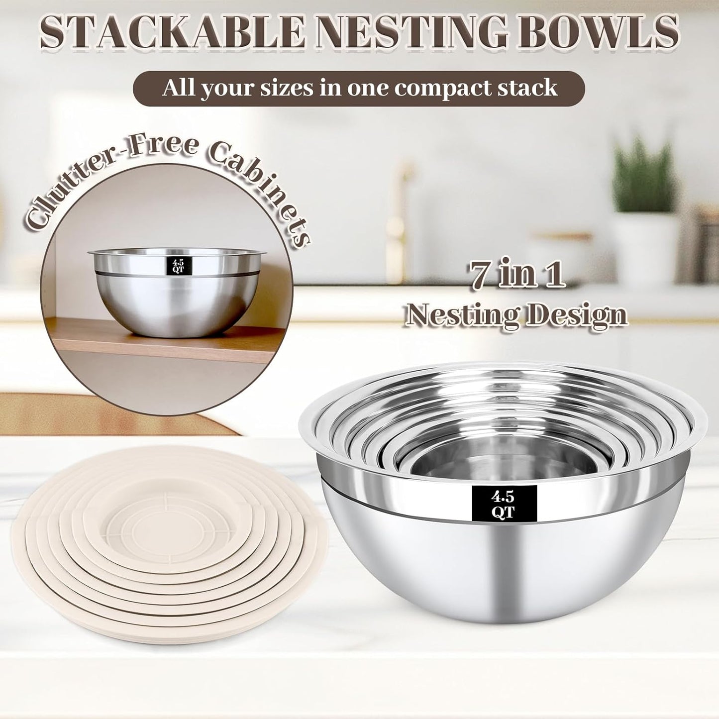21PCS Mixing Bowls with Lids Set - 7 Nesting Mixing Bowls, 3 Graters, 11 Baking Tools, Lids, Stainless Steel Mixing Bowl for Mixing & Baking, Size 0.7/1.1/1.5/2.1/3.5/4/4.5 QT, Colorful