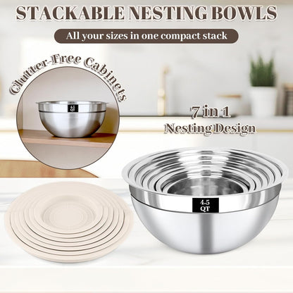 21PCS Mixing Bowls with Lids Set - 7 Nesting Mixing Bowls, 3 Graters, 11 Baking Tools, Lids, Stainless Steel Mixing Bowl for Mixing & Baking, Size 0.7/1.1/1.5/2.1/3.5/4/4.5 QT, Colorful