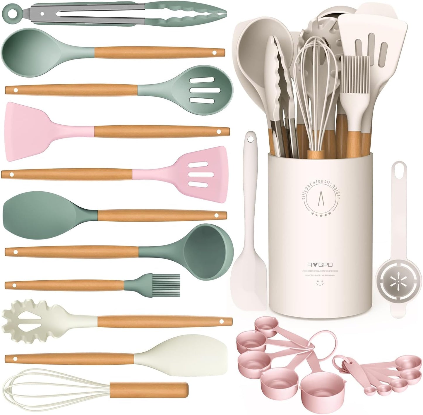 Silicone Cooking Utensils Set - AVGPD Silicone Kitchen Utensils for Cooking Wooden Handles, 446°F Heat Resistant Kitchen Utensil Spatula Sets, Gadgets for Non-Stick Cookware BPA FREE (Black)