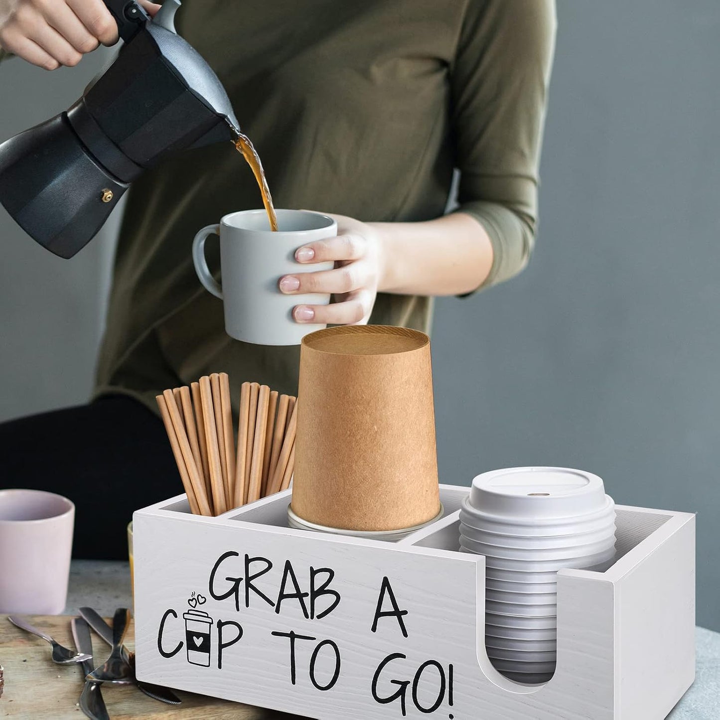 Coffee Station Organizer for Cup and lid Storage Box, Farmhouse Wood Coffee Bar Accessories Disposable Cup Holder for Counter Decor - Black