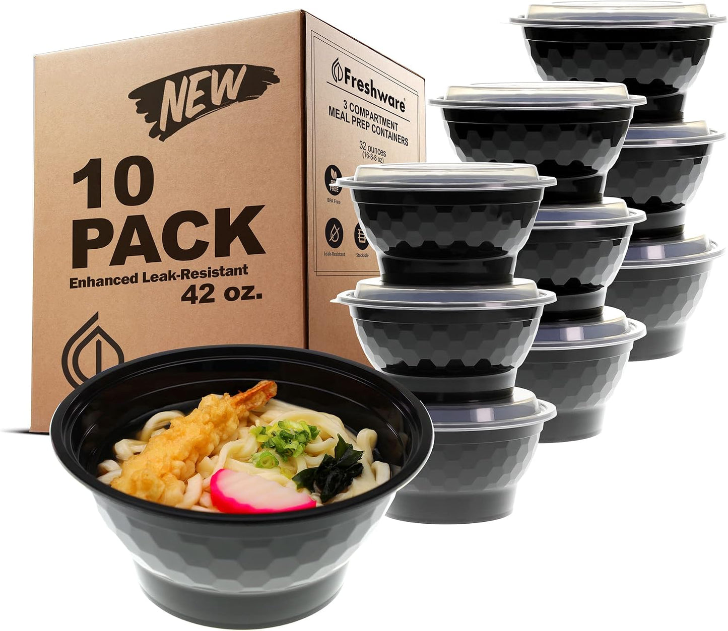 Freshware Meal Prep Containers with Lids [10 Pack] Plastic Bowls for Soup and Salad, Food Storage Bento Box, BPA Free, Stackable, Lunch Boxes, Microwave/Dishwasher/Freezer Safe (42 oz)