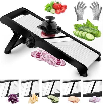 VEKAYA Mandoline Slicer, Mandoline Slicer for Kitchen, Adjustable Mandolin, Stainless Steel Mandoline, Vegetable Slicer, Potato, Onion, Cucumber, Tomato, Veggie Slicer with Cut-Resistant Gloves