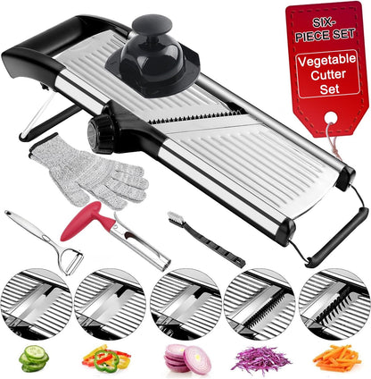 Mandoline Food Slicer for Kitchen, Adjustable Stainless Steel Mandoline Vegetable Slicer, Onion/Potato Slicer/French Fry Cutter, 6-Piece Fruit & Vegetable Cutting Set (Black/Silver)