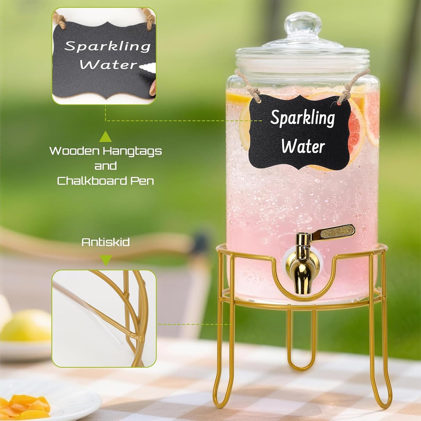 DHSBTLS 1 Gallon Glass Drink Dispensers, Round Beverage Dispenser for Party, BBQ and Picnic, Clear Airtight Juice Dispenser with Golden Stand, Stainless Steel Spigot, Markers and Chalkboard