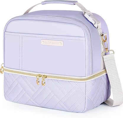 Double Deck Lunch Box Bag Women - Vegan Leather Insulated Waterproof Leakproof Cooler for Work Travel Picnics - Teacher Mothers Day Christmas Birthday Gifts