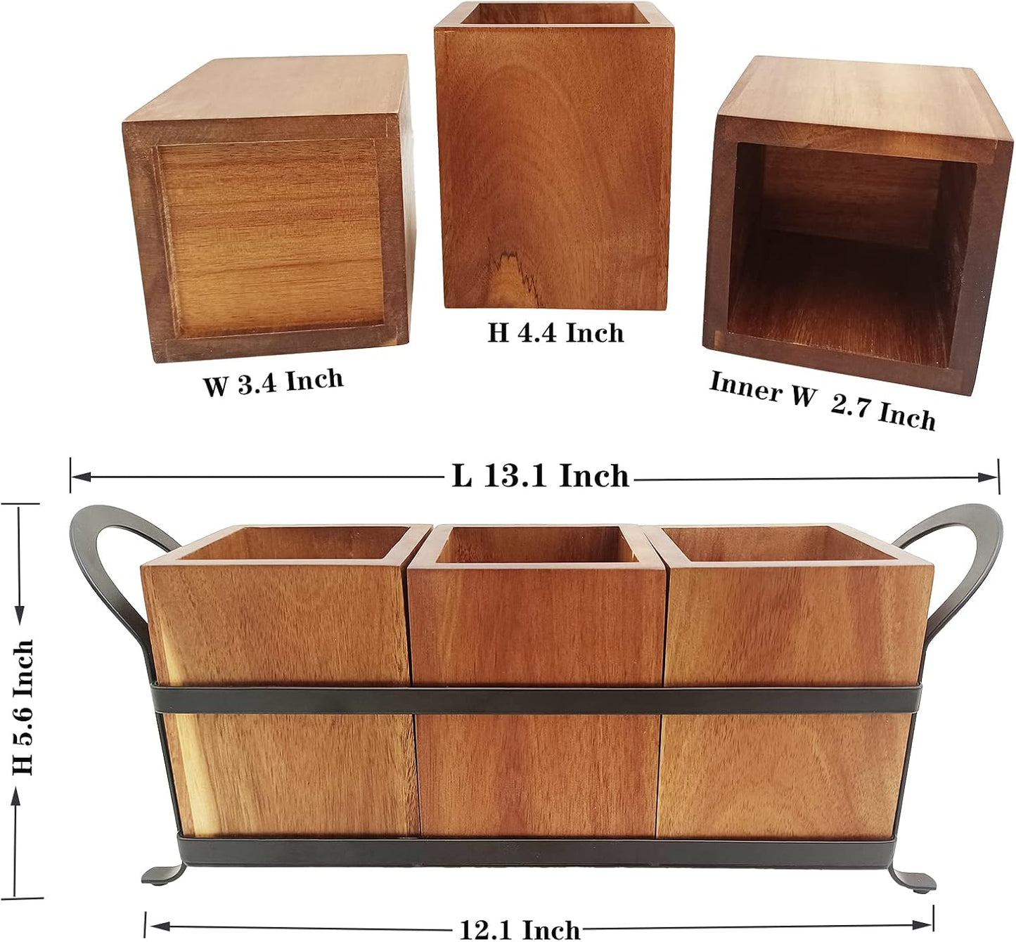 NelyBet Utensil Caddy Silverware Cutlery Holder with 3 Compartment, Wooden Utensil Crock Flatware Organizers with Metal Tray, Rustic Kitchen Utensil Organizers for Farmhouse Kitchen and Countertop