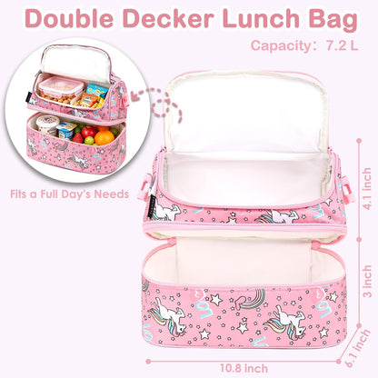 FlowFly Kids Double Decker Cooler Insulated Lunch Bag Large Tote for Boys, Girls, Men, Women, With Adjustable Strap, Unicorn