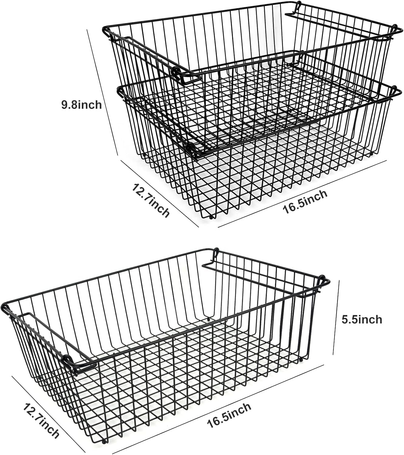 Set of 2 Stackable XXL Wire Baskets For Pantry Storage and Organization -16x12in Large Metal Food Baskets -Vegetable,Fruit,Potato,Onio, Pantry Storage Bins With Handles (Black, XXL)