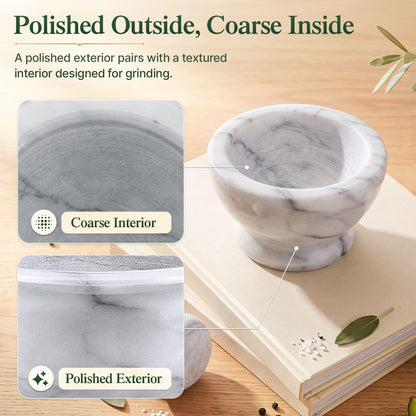 Flexzion Small Marble Mortar and Pestle Set, 4-Inch 1/2-Cup Bowl, White
