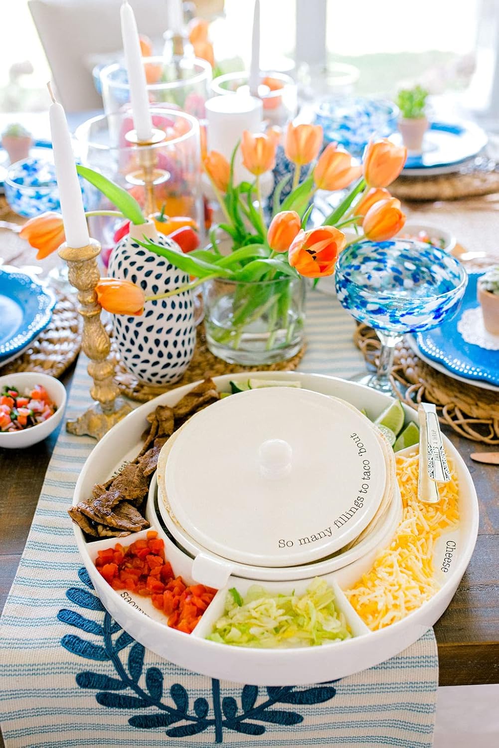 Mud Pie Taco Bar And Tortilla Warmer, 2" x 15" dia | tongs 7", White