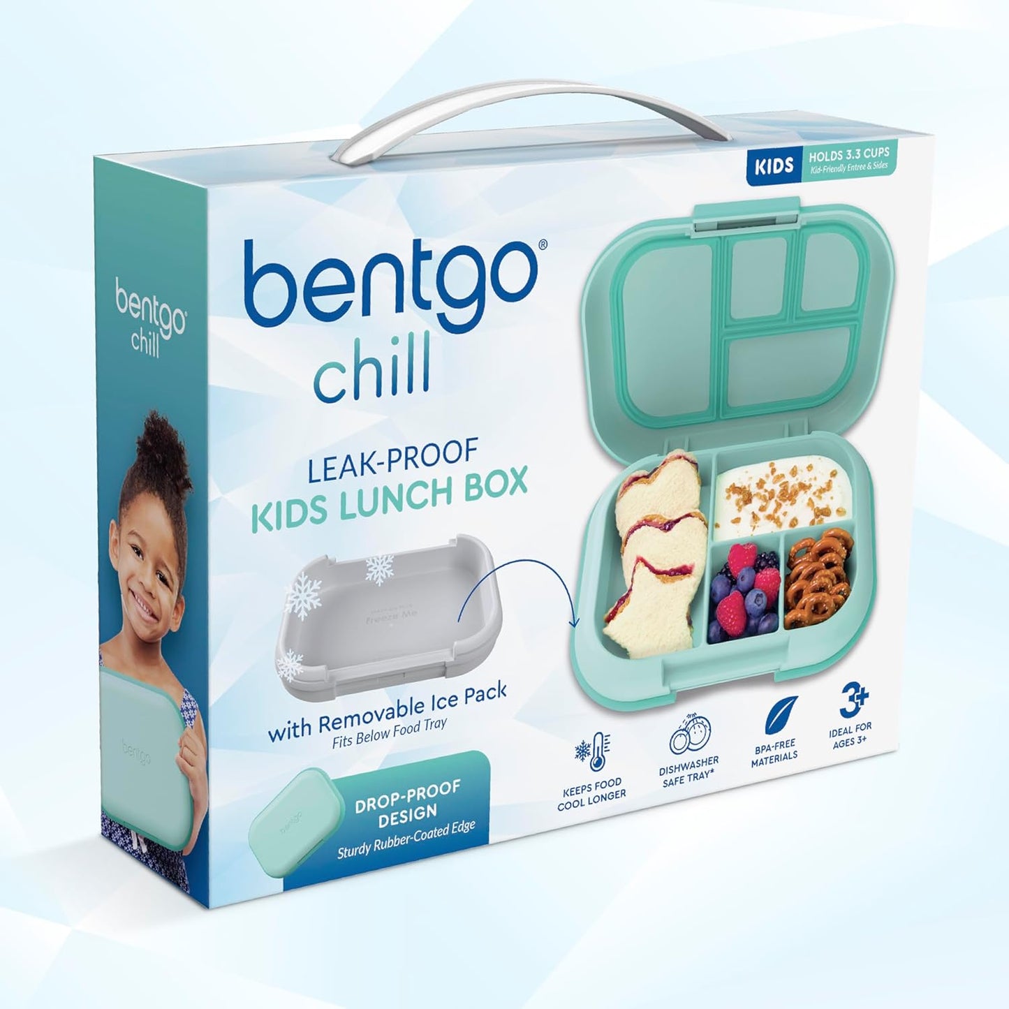 Bentgo Chill Kids Leak-Proof Lunch Box - 4-Compartment Bento Box with Built-In Ice Pack, 3.3 Cup Capacity, PFAS & BPA-Free, Microwave & Dishwasher Safe, Ideal Size for Ages 3 to 7 (Truly Teal)