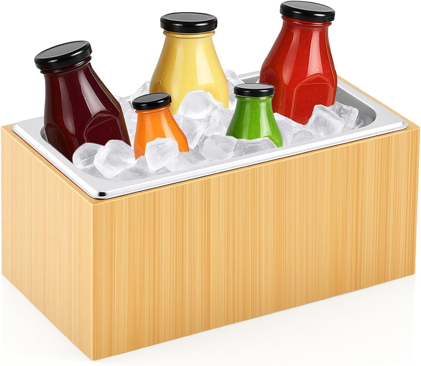 Honeydak Large Ice Housing Bin with Removable Tray Ice Holder Container Wine Beer Champagne Drink Bucket Beverage Tub for Freezer Display Buffet Counter Party Chiller (Bamboo and Steel)