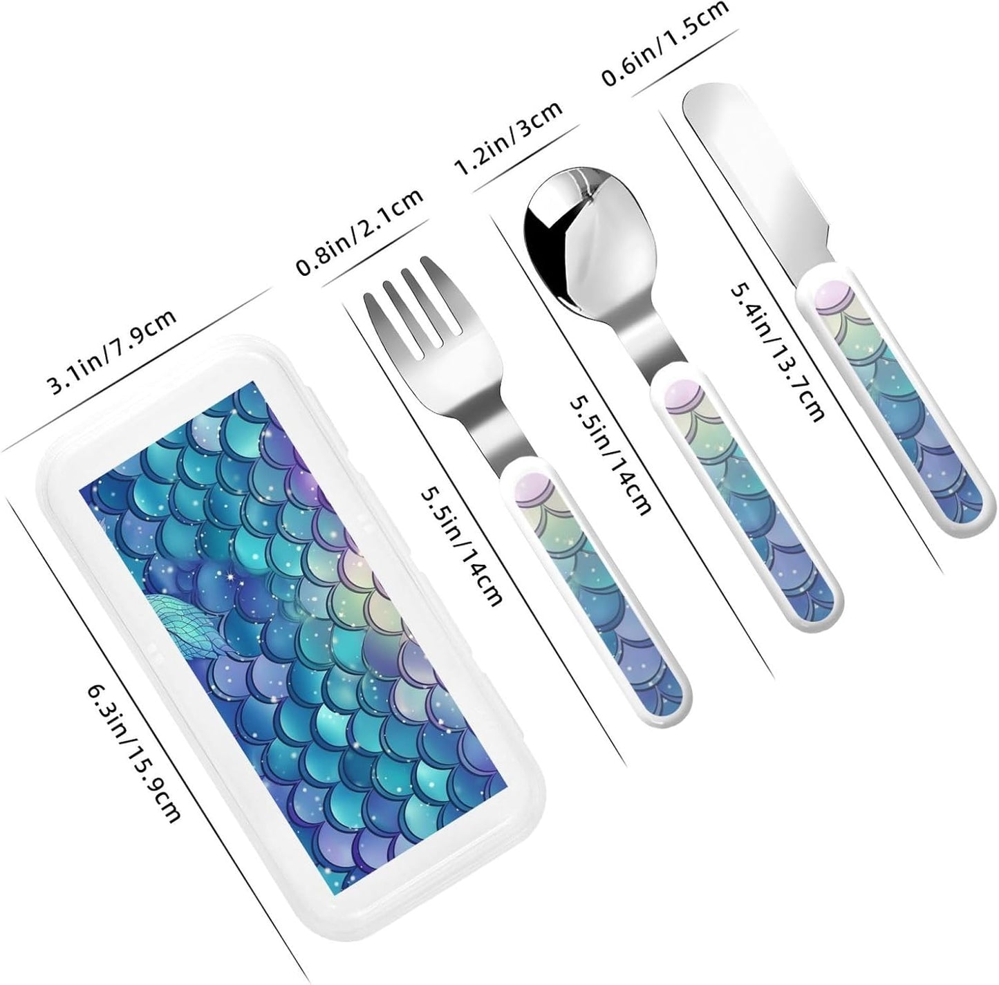 3-Piece Children Utensils Set Water Lily Mermaid Scales Knife Spoon Fork Set Stainless Steel Silverware Set Easy-Grip Reusable Utensils Set Child Flatware Set with Case for Lunch Travel