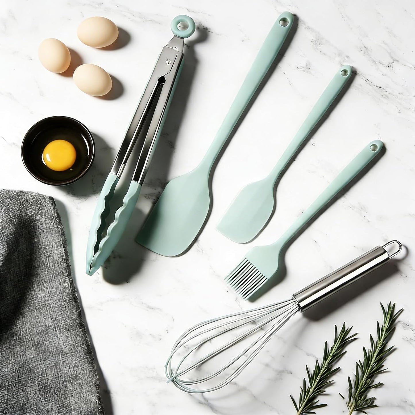 Silicone Kitchen Utensils Set - 5 Pcs Spatula Set with Holder, Heat Resistant, Dishwasher Safe (Green)