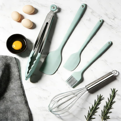 Silicone Kitchen Utensils Set - 5 Pcs Spatula Set with Holder, Heat Resistant, Dishwasher Safe (Green)