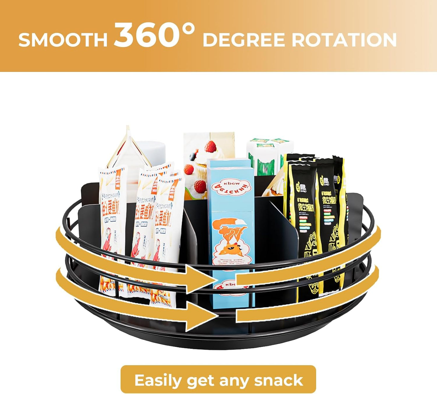 Snack Organizer - Versatile Snack Storage 2 Tier Lazy Susan with Convenient Grab-and-Go Design, Metal Snack Holder for Home, Office, Breakroom, 11.85" L x 11.85" W x 13.3" H (Matte Black)