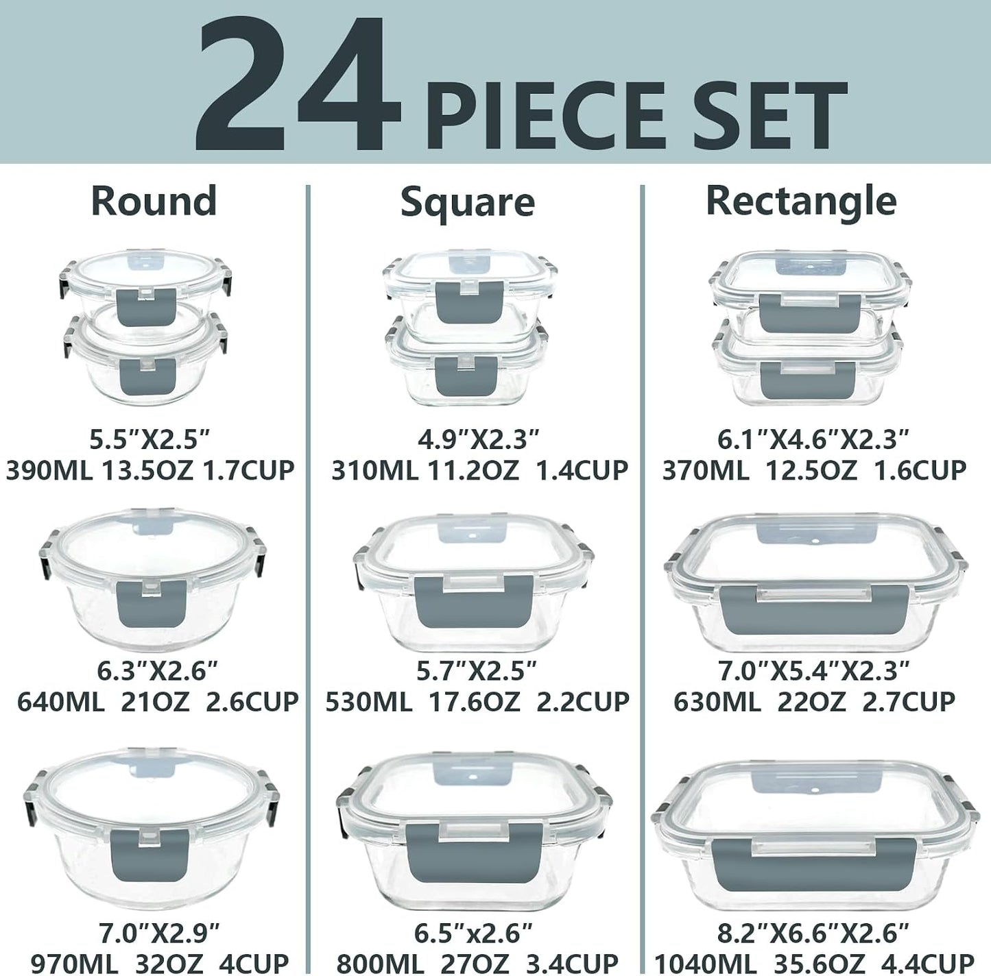 12 Pack Glass Food Storage Container Set with Lids Non Toxic, Stackable Borosilicate Glass Meal Prep Containers, Microwave, Oven, Freezer and Dishwasher Safe (Gray)