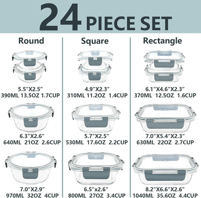 12 Pack Glass Food Storage Container Set with Lids Non Toxic, Stackable Borosilicate Glass Meal Prep Containers, Microwave, Oven, Freezer and Dishwasher Safe (Gray)