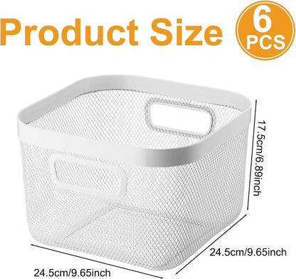 MorningRo 6 Pack Metal Mesh Basket with Hollow Handles Black Wire Storage Bin for Organizing Stackable Metal Fine Mesh Basket for Pantry Bathroom Kitchen Cabinets Shelves (Medium)