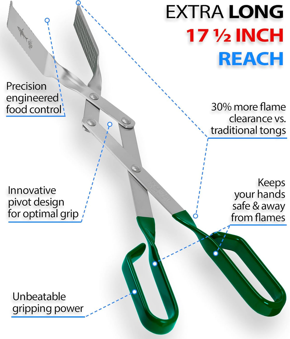 Steak Grill Tongs - 17 inch Red. Professional outdoor grilling utensil. Long reach Barbeque Grilling Tongs. Ideal for steak, fish, burger, and sausage
