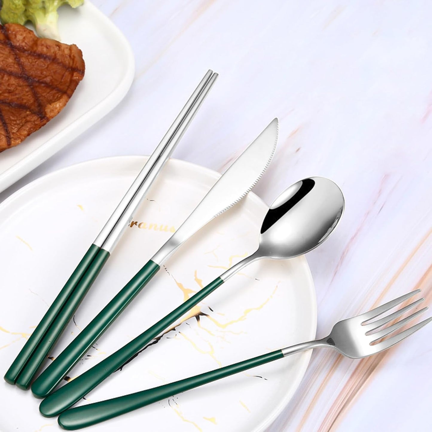VANRA 4-Piece Portable Travel Utensils Set with Case 18/8 Stainless Steel Flatware Set Reusable Cutlery Set with Fork Spoon Knife Chopstick for Lunch Travel Camping School Work Picnic (Pink)