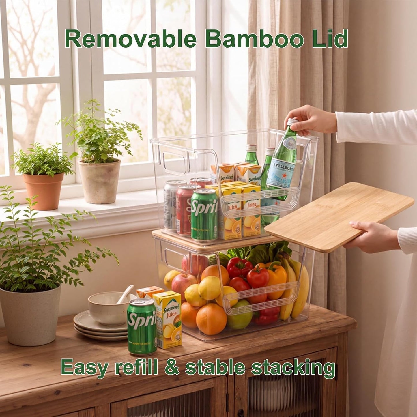 FUSHITON 2 Set Pantry Organizers with Bamboo Lids, Clear Storage Bins with Handles, U-Shaped Front Opening with Removable Stopper for Trash Bag Dispenser, Potato Onion Garlic Storage
