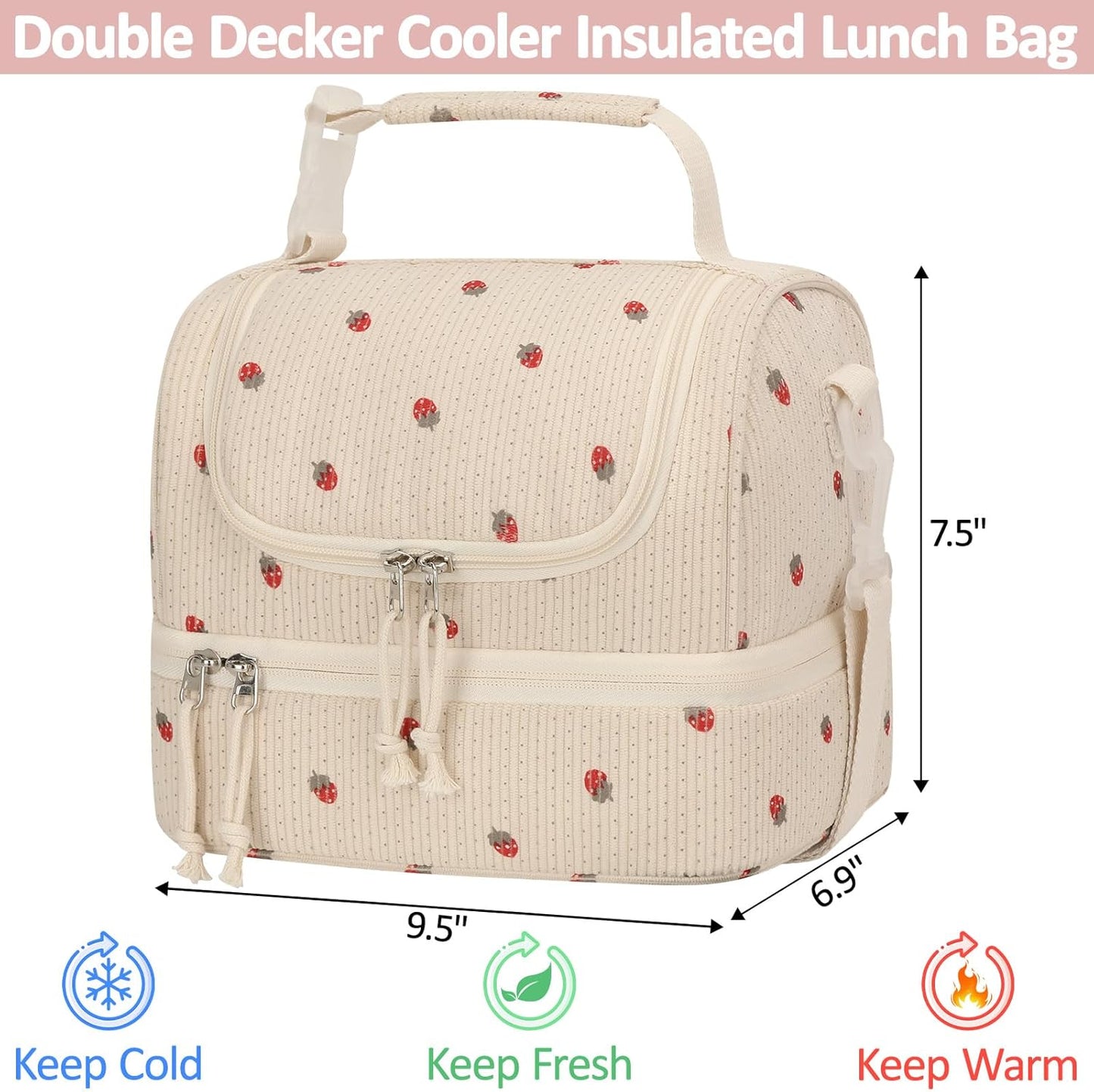 Vankor Corduroy Lunch Box Kids Insulated Lunch Bag Double Decker, Cute Leak-Proof Lunch Box for Boys Girls, Portable Cooler Lunch Bag Thermal Lunch Tote for School Picnic Travel, Light Blue