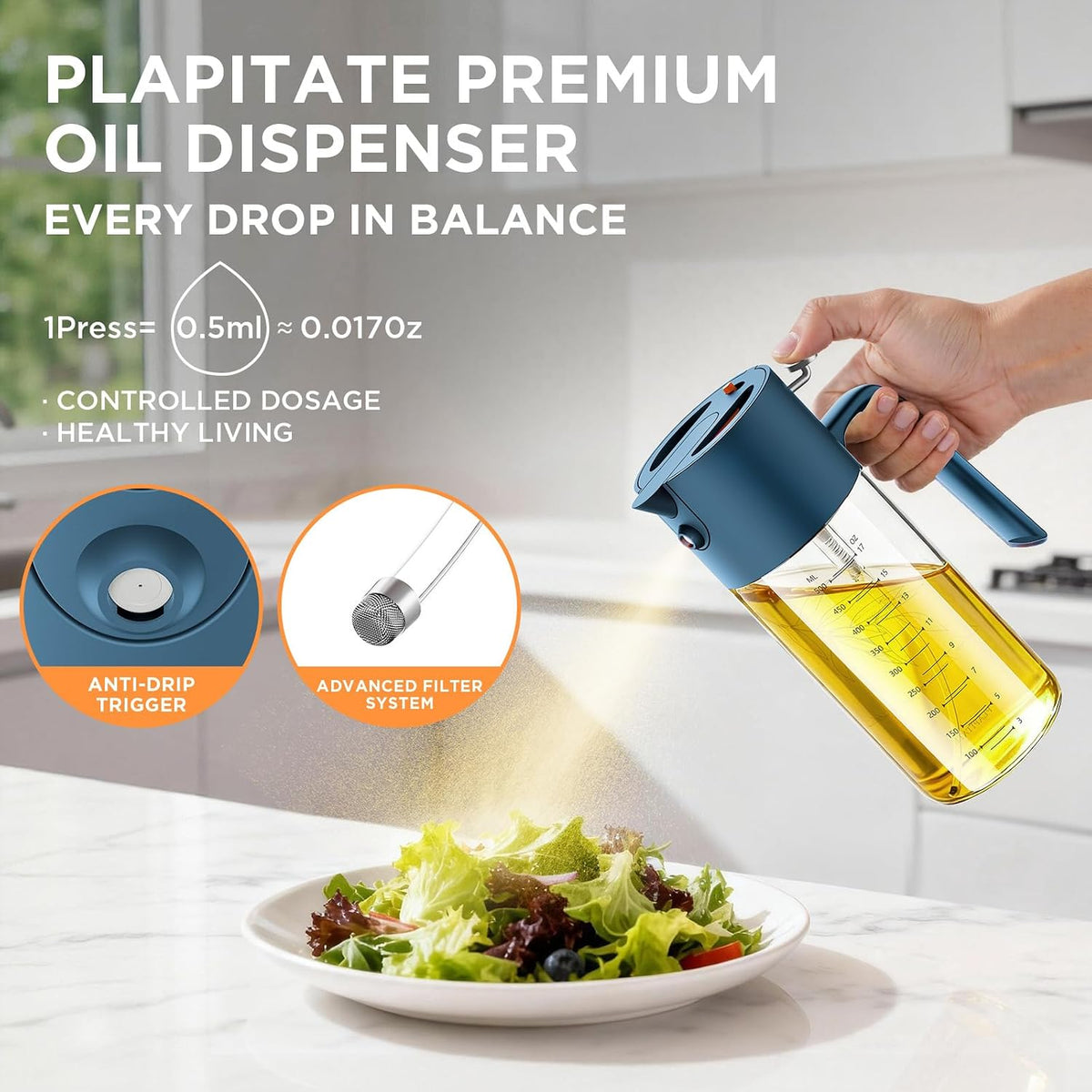 PLAPITATE 17oz/500ml Premium Olive Oil Sprayer for Cooking, 2 in 1 Glass Olive Oil Dispenser Bottle for Kitchen Gadgets, Spray Bottle with Portion Control for Salad, Frying, BBQ (Black)