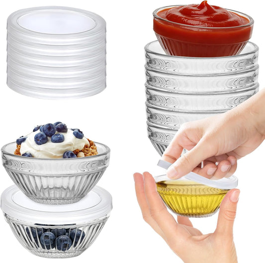 Mini 3 Inch Small Glass Bowls with Lids, 2.5 oz Clear Glass Pinch Bowls, Condiment Containers, for Dips, Nuts, Candy, Snacks, Meal Prep Bowls